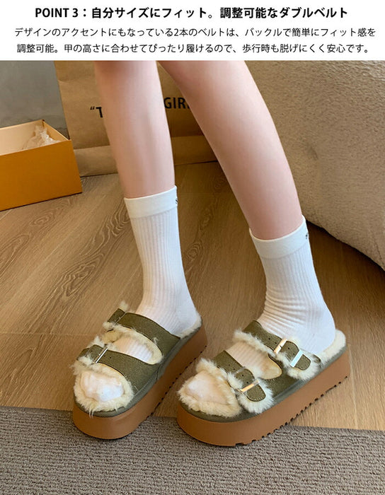 【7日内出荷】【5cmヒール】サンダル 厚底 ファーサンダル レディース もこもこ 5cmヒール 歩きやすい つっかけ ダブルベルト 防寒 暖かい 痛くない 疲れにくい 美脚効果 身長アップ きれいめ 外履き 冬用サンダル 秋冬 おしゃれ ルームシューズ ブラウン グリーン