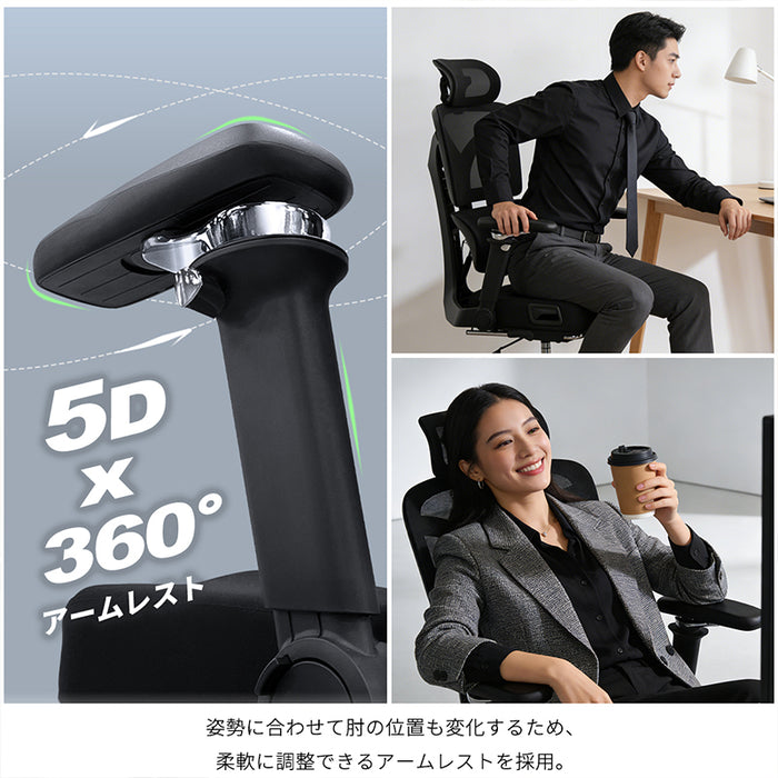 RAKU オフィスチェア ガス圧式腰部サポート 3Dヘッドレスト 4D跳ね上げ式アームレスト 無段階昇降 140°リクライニング 取り外し可能フットレスト 高反発クッション 通気性 人間工学設計