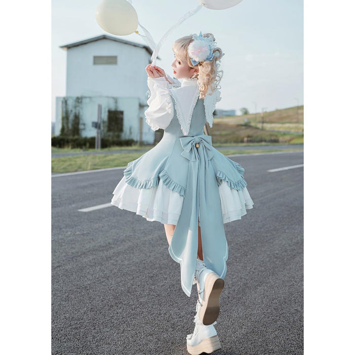 lolita ワンピース 姫 蝶結び鈴 ゴスロリ 女の子 ガールズ フリル ペプラムスカート レース 姫袖 森ガール お姫様 長袖 ロリータ風 女装 可愛い 大きいリボン 茶話会 仮装 クリスマス