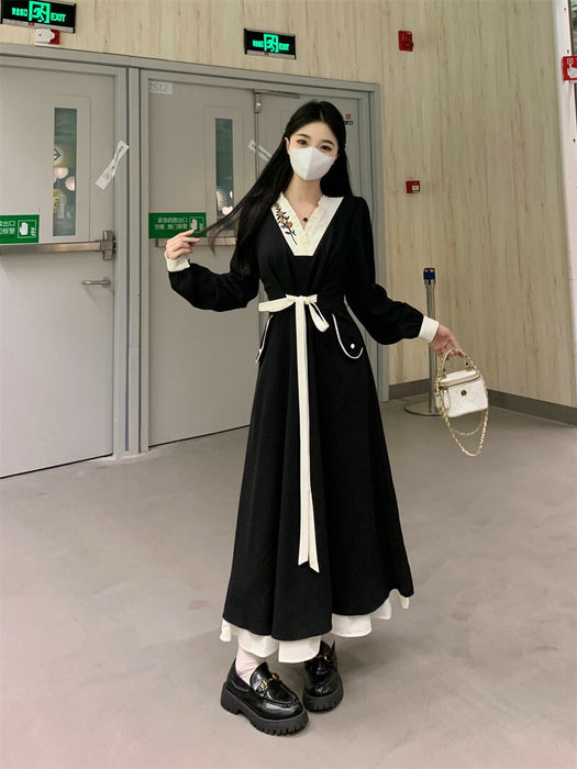 【7日内出荷】ワンピース ロングワンピース 刺ワンピース Aライン ワンピ ロングワンピ ロング マキシワンピース vネック 無地 きれいめ マキシ レイヤード風 長袖 大きいサイズ 重ね着風 秋 冬