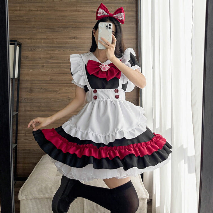 【5点セット】メイド服 赤 メイド 服 送料無料 コスプレ ハロウイーン ネコ クラシック メイドカフェ 制服 ユニフォーム 萌え系 撮影会 本格的 可愛い コスチューム 衣装 仮装 かわいい お茶会アイドル おしゃれ セット ウェイトレス クラシカル アニメ ゴスロリ ロリータ S-5XL