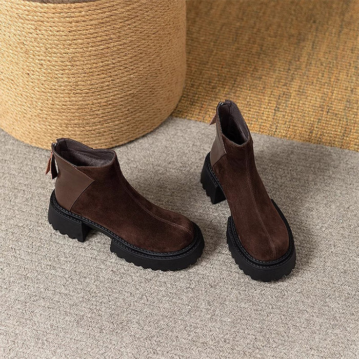 【7日内出荷】【 4cmヒール】ショートブーツ レディース ブーツ 厚底 裏起毛 ヴィンテージ風 バックジッパー スエード PU 4cm ヒール チャンキーヒール 太ヒール 安定感 黒 コンフォート 美脚 靴 通学 通勤 おしゃれ 韓国 歩きやすい 疲れない 痛くない 滑りにくい 大きいサイズ 22cm～24.5cm 春秋冬