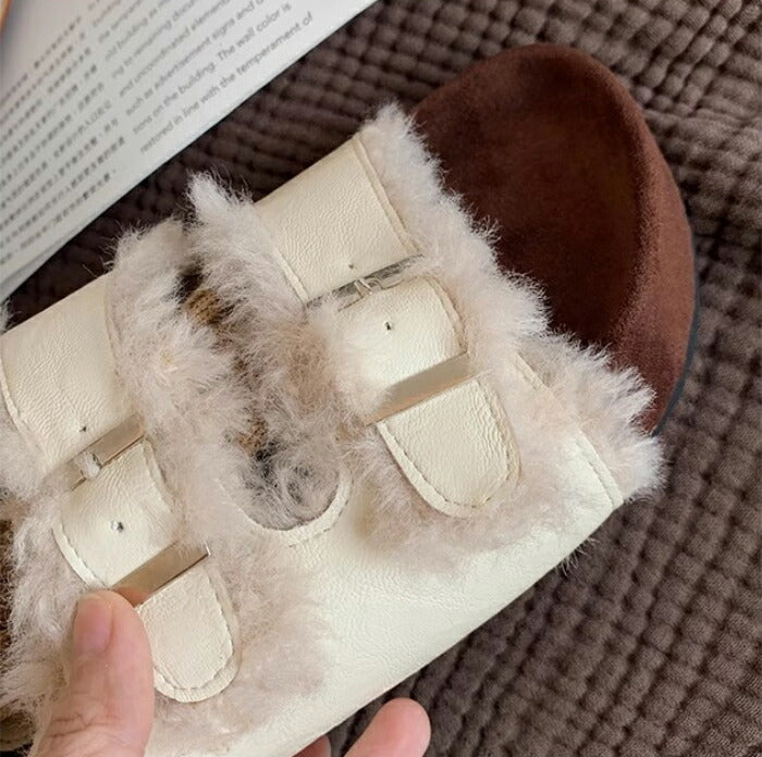 【7日内出荷】【4cmヒール】サンダル 厚底 ファーサンダル レディース ボアサンダル 冬用 4cmヒール もこもこ 歩きやすい 暖かい 冬用サンダル 痛くない 疲れにくい 美脚 ダブルベルト レザー調 合皮 おしゃれ ルームシューズ 室内履き 20代 30代 靴 防寒 黒 茶 白