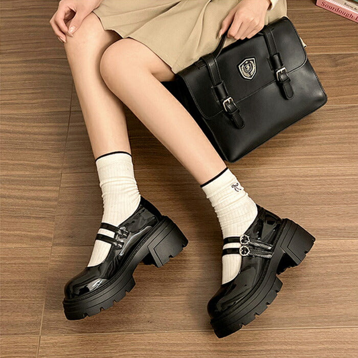 【7日内出荷】【7cmヒール】厚底 メリージェーン レディース 厚底パンプス  ヒールパンプス ダブルストラップ ハートバックル エナメル チャンキーソール ボリュームソール 歩きやすい 疲れにくい 韓国 かわいい 学生 通学 ライブ 黒 オフホワイト 秋冬