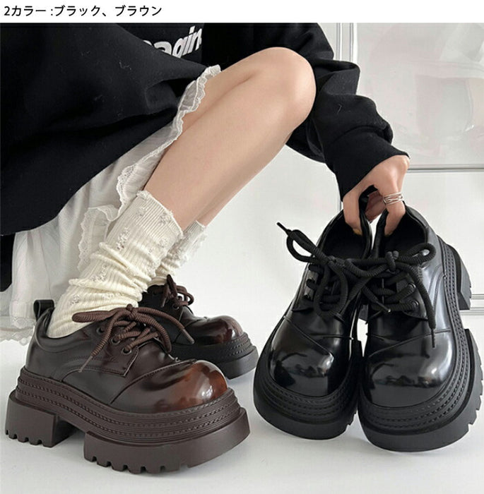 【7日内出荷】【7cmヒール】厚底オックスフォードシューズ レディース 厚底7cmヒール おでこ靴 レースアップ エナメル 合皮 チャンキーソール ボリューム スニーカー 歩きやすい 疲れない 美脚 脚長 身長アップ マニッシュ シューズ 中学 高校 学生 通学 黒 茶色 秋冬