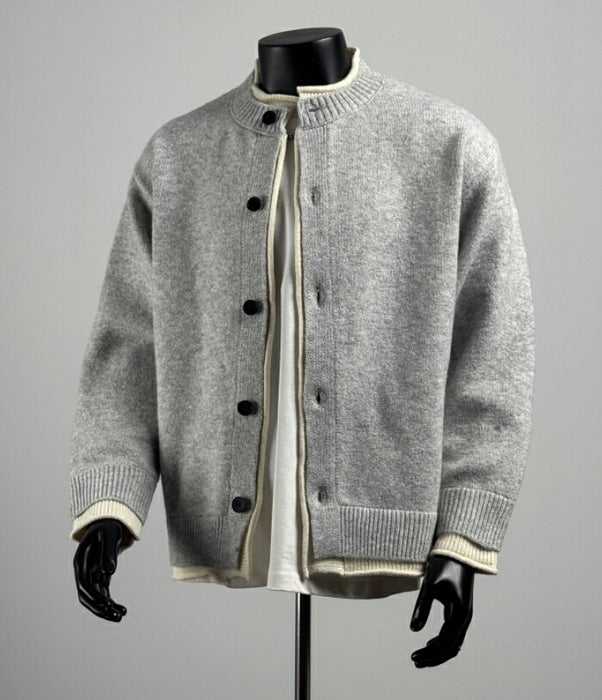 ニットジャケット メンズ 秋冬 カーディガン 厚手 スタンドカラー ニットブルゾン アウター トップス レイヤード風 重ね着風 ボタンフロント 長袖 ゆったり ビッグシルエット カジュアル シンプル 無地 おしゃれ かっこいい 男性 グレー 黒