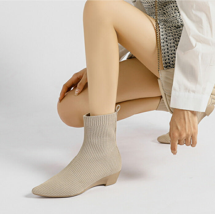 【7日内出荷】【3.5cmヒール】ソックスブーツ レディース ニット ショートブーツ 痛くない 歩きやすい ストレッチブーツ ポインテッドトゥ ローヒール ウェッジソール 3.5cm 美脚 疲れない 軽量 柔らかい フィット感 オフィス 通勤 きれいめ バイカラー 秋冬 春