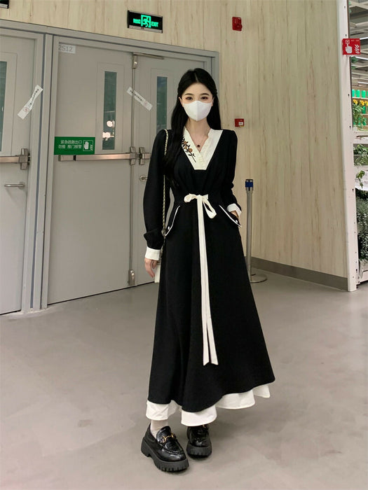 【7日内出荷】ワンピース ロングワンピース 刺ワンピース Aライン ワンピ ロングワンピ ロング マキシワンピース vネック 無地 きれいめ マキシ レイヤード風 長袖 大きいサイズ 重ね着風 秋 冬