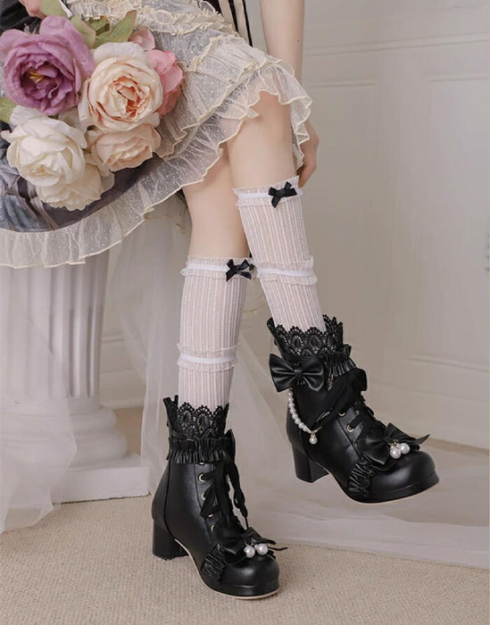 【5cmヒール】ロリータ ブーツ レディース ショートブーツ 甘ロリ お姫様 森ガール ロリィタ靴 レース リボン パール  チャンキーヒール 歩きやすい 疲れない 痛くない サイドジップ おしゃれ かわいい お茶会 コスプレ 発表会 黒 ピンク 白 秋冬