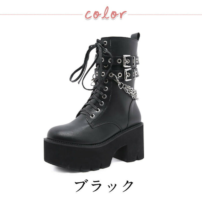 【7日内出荷】ショートブーツ レディース 厚底 レースアップブーツ チェーン付き ダンスシューズ ヒール8.5cm 秋ブーツ パンク風 カジュアル 靴 日常 通勤 おしゃれ 痛くない 履きやすい 柔らかい ゆったり ラウンドトゥ きれいめ 人気 クール 春夏秋冬 韓国 仕事 合皮 原宿系 細見え 黒