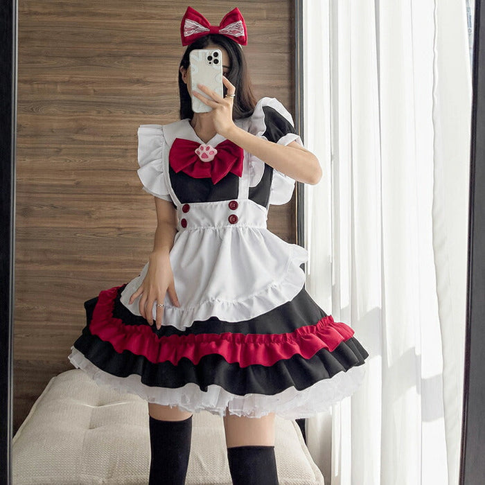 【5点セット】メイド服 赤 メイド 服 送料無料 コスプレ ハロウイーン ネコ クラシック メイドカフェ 制服 ユニフォーム 萌え系 撮影会 本格的 可愛い コスチューム 衣装 仮装 かわいい お茶会アイドル おしゃれ セット ウェイトレス クラシカル アニメ ゴスロリ ロリータ S-5XL