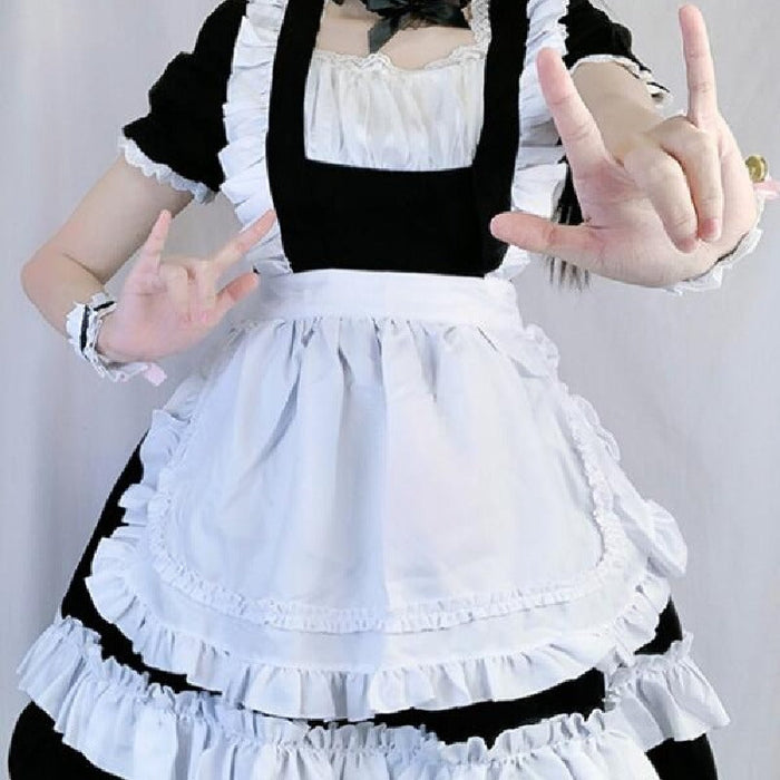 【7日内出荷】4点セット メイド服 ミニ丈 メイド喫茶 メイドコスチューム ジャパニーズメイド lolitaメイド服 セット ミニスカ ハロウィン  衣装 仮装 パーティ コスプレ ウェイトレス