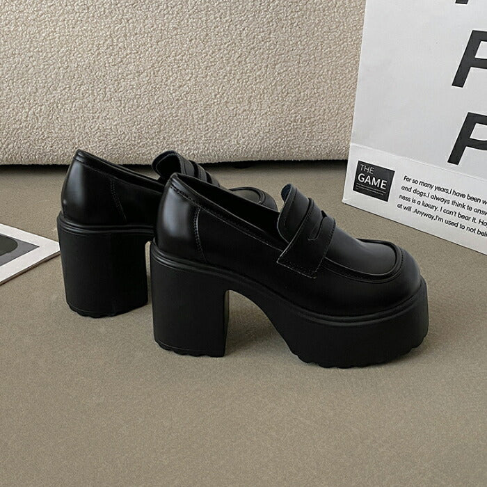 【7日内出荷】【9cmヒール】ローファー レディース スクールローファー 厚底 コインローファー 9cmヒール スクエアトゥ パンプス チャンキーヒール ボリューム プラットフォーム 革靴 歩きやすい オケージョン 脚長 中学 高校 学生 コスプレ 通学 黒 白 オールシーズン