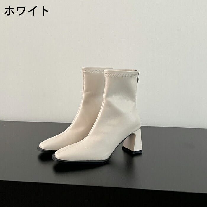 【8cmヒール】ブーツ レディース ショートブーツ ストレッチ 歩きやすい 痛くない ストレッチブーツ 8cmヒール ハイヒール バックジップ チャンキーヒール 通勤 オフィス ソックスブーツ 美脚 きれいめ カジュアル 大人女子 秋冬 黒 ブラウン アイボリー