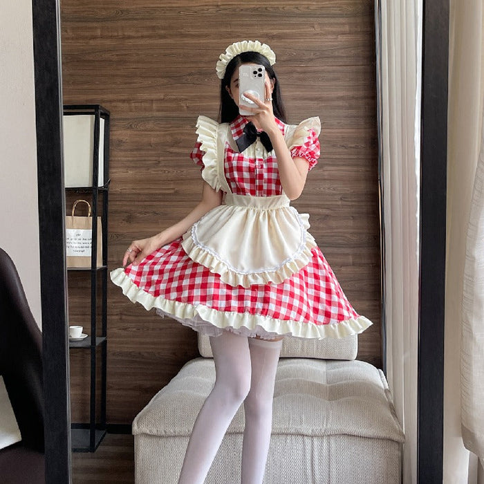 【7日内出荷】4点セット　チェックメイド服 ミニ丈 メイド喫茶 メイドコスチューム ジャパニーズメイド ミニスカ ハロウィン 衣装 仮装 パーティ コスプレ フルセット 可愛い 萌え