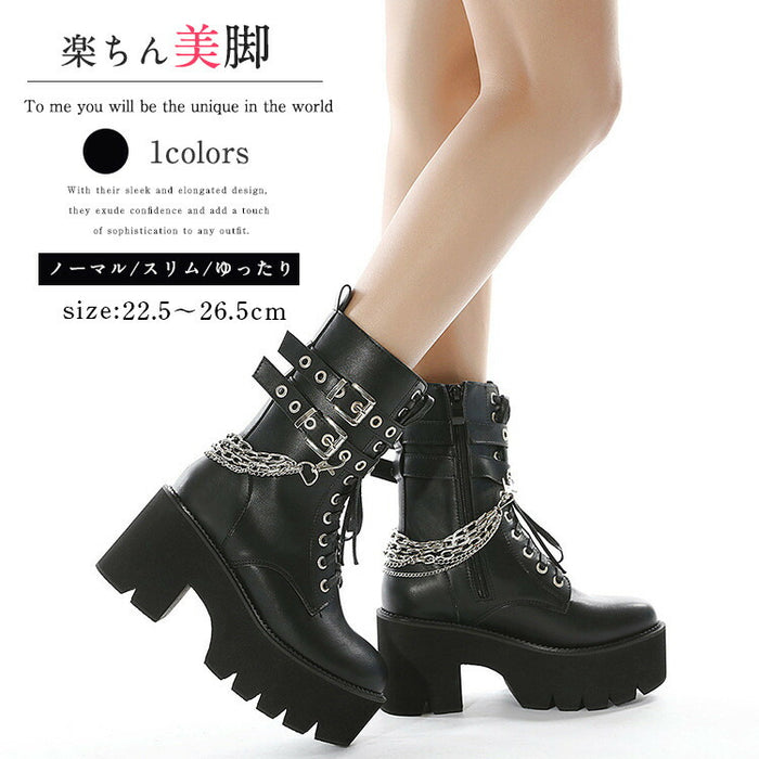 【7日内出荷】ショートブーツ レディース 厚底 レースアップブーツ チェーン付き ダンスシューズ ヒール8.5cm 秋ブーツ パンク風 カジュアル 靴 日常 通勤 おしゃれ 痛くない 履きやすい 柔らかい ゆったり ラウンドトゥ きれいめ 人気 クール 春夏秋冬 韓国 仕事 合皮 原宿系 細見え 黒