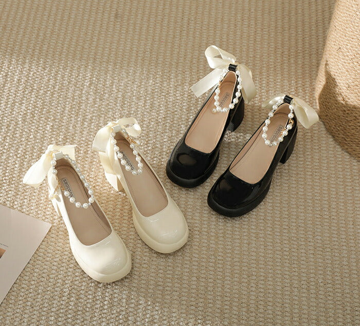 【7日内出荷】【7cmヒール】パンプス パール レディース 太ヒール リボン ウェディング メリージェーン ストラップ 痛くない 歩きやすい 疲れない エナメル 厚底 パーティー お呼ばれ 二次会 入学式 卒業式 おしゃれ  安定感 美脚 白 黒 23.0-25.0cm