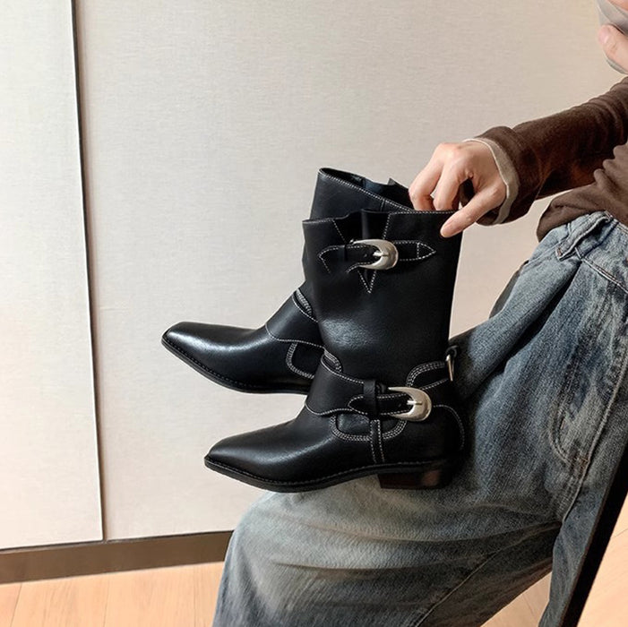 【7日内出荷】【3.5cmヒール 】ウエスタン ショートブーツ レディース ブーツ ウエスタンブーツ パンク系 スクエアトゥ ミドル丈 レザーシューズ PU  チャンキーヒール 太ヒール 安定感 美脚 靴 通学 通勤 おしゃれ 韓国 歩きやすい 疲れない 滑りにくい 大きいサイズ 22cm～25cm 黒 裏起毛 春 秋 冬