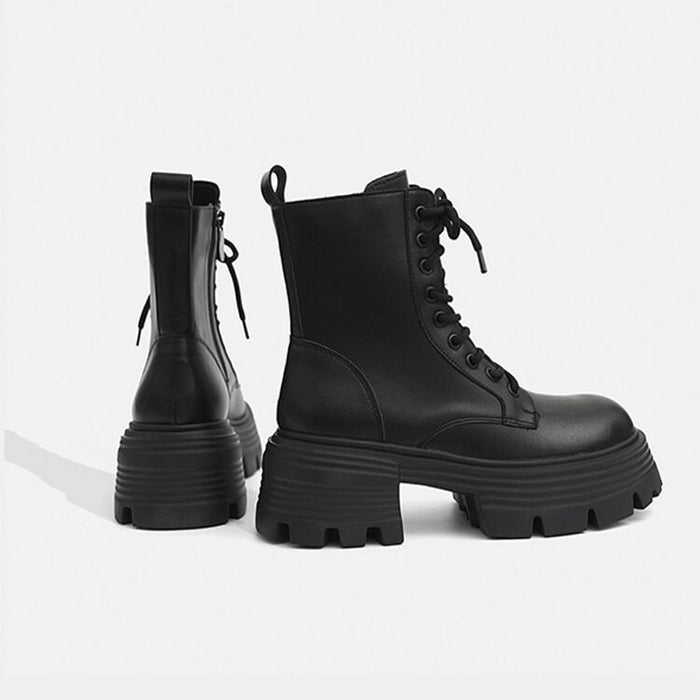 【7日内出荷】【6.5cmヒール】レディース ショートブーツ 厚底  太ヒール ブーツ くつ 靴 スエード PU レザーシューズ 安定感 美脚 黒 ブラウン 裏起毛 春 秋 冬 サイドゴム レースアップ おしゃれ 韓国 歩きやすい 疲れない 滑りにくい 大きいサイズ 22cm～25cm 中学生 高校生 通学 通勤