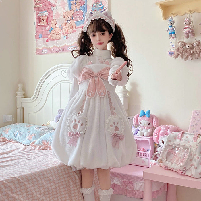 【2点セット】ロリータ ワンピース 半袖 秋冬 あったか ボア 甘ロリ 肉球 ネコ 猫耳 リボン ゆめかわ もこもこ 姫系 防寒 冬 モコモコ 日系 ソフトガール 可愛い ロリータ パフスリーブアウター 冬服 女