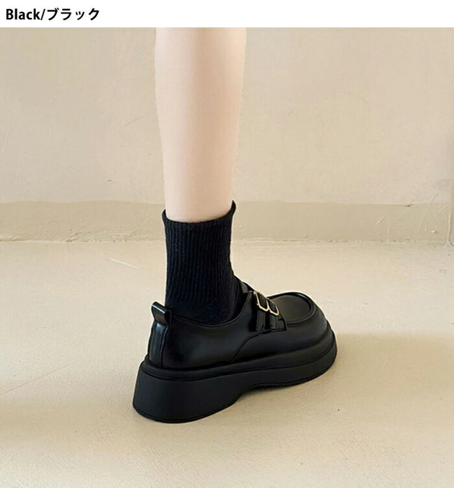【7日内出荷】【5cmヒール】厚底ローファー レディース 黒 ブラック 革靴 レザー 合皮 バックル バックル 金具 Uチップ パンプス チャンキーソール ボリュームソール 歩きやすい 疲れにくい 美脚 脚長 おしゃれ OL 学生 通勤 通学 黒 茶色 秋冬 22.5 25.0