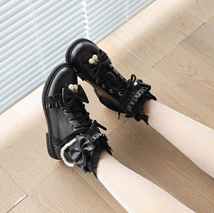 【2cmヒール】ロリータ ブーツ レディース ショートブーツ 編み上げブーツ ローヒール 甘ロリ お姫様 森ガール ロリィタ靴 レース リボン パール 歩きやすい 疲れない サイドジップ おしゃれ かわいい お茶会 コスプレ 発表会 黒 ピンク 白 秋冬