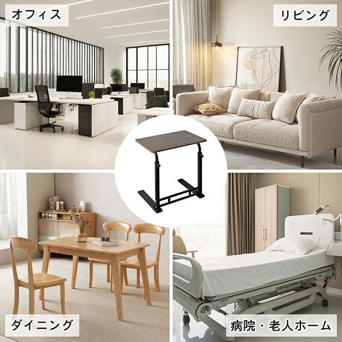 RAKU サイドテーブル  昇降式 キャスター付き 高さ無段階調節 高さ60～90cm 幅60cm コの字型 介護テーブル ネジ式 木目調 組立簡単 移動楽々 安定 ベッド横 在宅ワーク 多機能