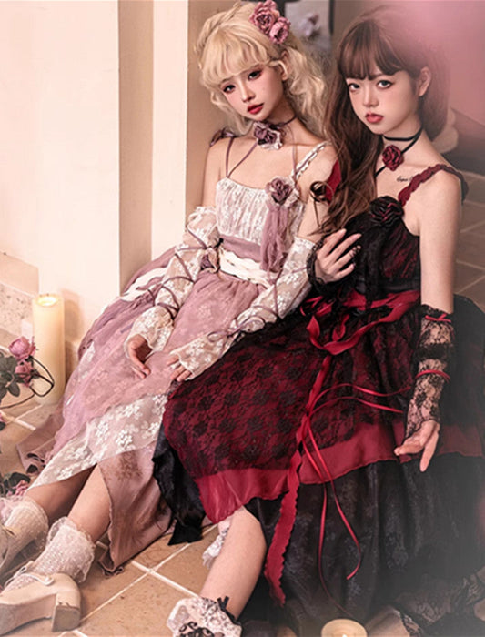 【7日内出荷】3点セット ロリータワンピース キャミワンピース ロリータ衣装 lolita jsk 全3色 不規則裾 付け袖付き 甘ロリ レース 原宿 可愛い ガーリー 春秋 S/M/L