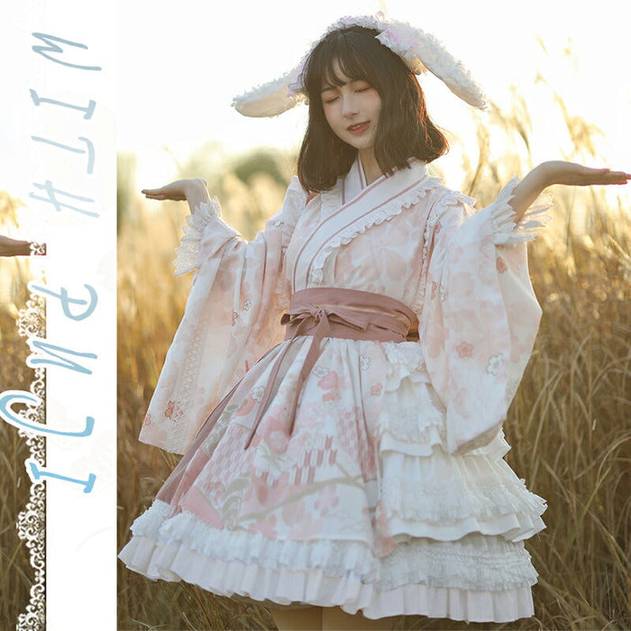 和風 ロリータワンピース ロリータドレス 甘ロリ ゆったり 長袖ワンピース フリル リボン 可愛い 原宿 ガーリー 甘め キュート 春秋