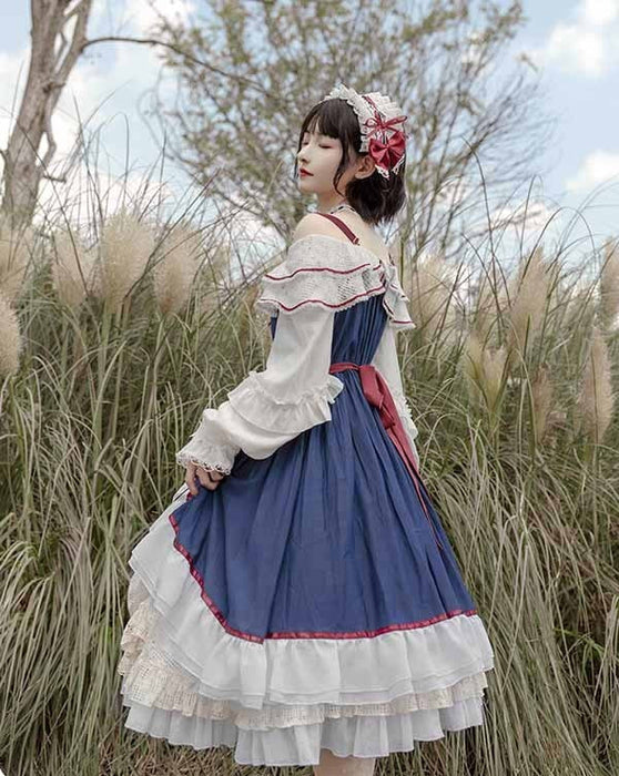 【7日内出荷】 ロリータ 森ガール ワンピース Aライン Lolita 2way オフショルダー 長袖 レース フリル 半袖 萌え萌え 可愛い かわいい プリンセス お姫様 プレゼント ミモレ丈 レディース ロココ コスチューム 仮装 ハロウィン 学園祭 文化祭 ベージュ ネイビー