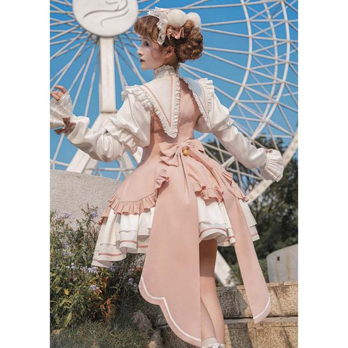 lolita ワンピース 姫 蝶結び鈴 ゴスロリ 女の子 ガールズ フリル ペプラムスカート レース 姫袖 森ガール お姫様 長袖 ロリータ風 女装 可愛い 大きいリボン 茶話会 仮装 クリスマス