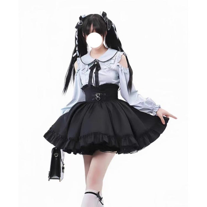 【7日内出荷】【2点セット】 Aライン 地雷系 ブラウス セットアップ 夏 セットアップ フレア フリル シャツ トップス 長袖 スカート 量産型 病みかわいい 薄手 ハートベルト 肩出し ミニスカート ハイウエスト 夏 ボトムス春 参戦服 秋 冬 おしゃれ 可愛い ロリータ ゴスロリ