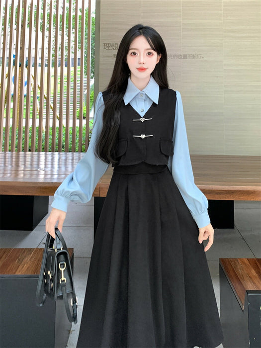 【7日内出荷】ワンピース ロングワンピース 切り替えワンピース Aライン ワンピ ロングワンピ ロング マキシワンピース 襟 無地 きれいめ シンプル マキシ レイヤード風 長袖 大きいサイズ 襟付き重ね着風 秋 冬