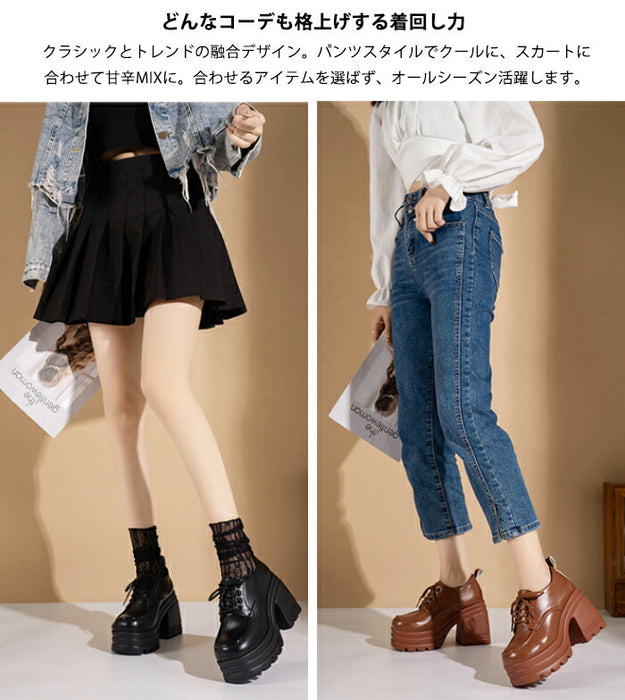 【7日内出荷】【10cmヒール】厚底オックスフォード シューズ レディース レースアップ  ハイヒール 超厚底 チャンキーヒール ボリュームソール プラットフォーム レースアップ 革靴 歩きやすい 疲れにくい 脚長 韓国 地雷系 学生 通勤 黒 茶色 オールシーズン