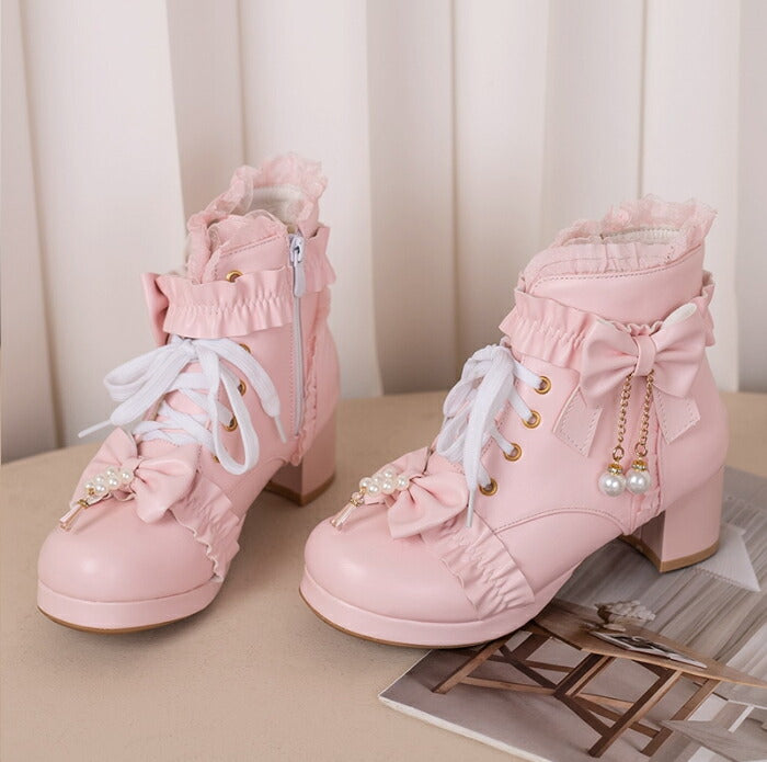 【5cm ヒール】厚底ブーツ ロリータ ブーツ レディース ショートブーツ 編み上げブーツ 甘ロリ お姫様 森ガール ロリィタ靴 レース リボン パール 5cm 太ヒール 歩きやすい 痛くない サイドジップ おしゃれ かわいい お茶会 コスプレ 黒 ピンク 白 秋冬