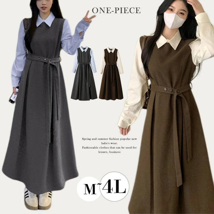 【7日内出荷】ワンピース ロングワンピース 切り替えワンピース Aライン ワンピ ロングワンピ ロング マキシワンピース 襟 無地 きれいめ シンプル マキシ レイヤード風 長袖 大きいサイズ 秋 冬