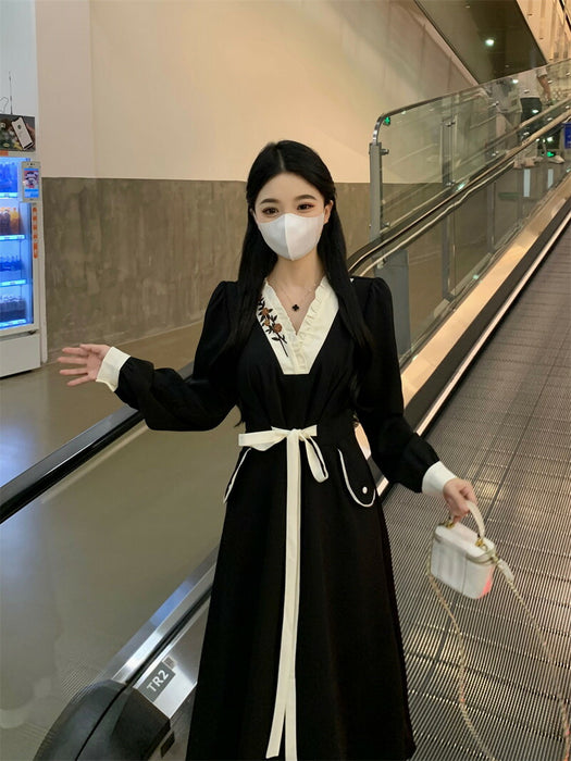 【7日内出荷】ワンピース ロングワンピース 刺ワンピース Aライン ワンピ ロングワンピ ロング マキシワンピース vネック 無地 きれいめ マキシ レイヤード風 長袖 大きいサイズ 重ね着風 秋 冬