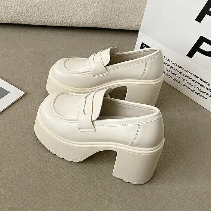 【7日内出荷】【9cmヒール】ローファー レディース スクールローファー 厚底 コインローファー 9cmヒール スクエアトゥ パンプス チャンキーヒール ボリューム プラットフォーム 革靴 歩きやすい オケージョン 脚長 中学 高校 学生 コスプレ 通学 黒 白 オールシーズン