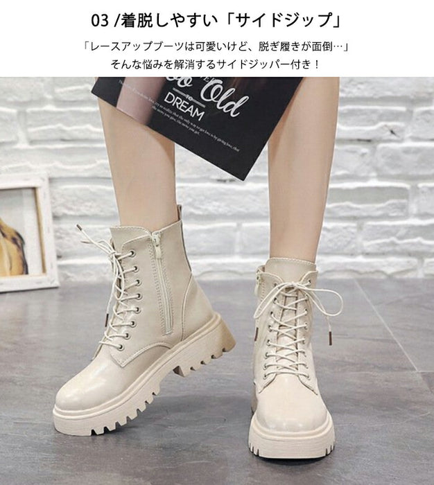 【4cmヒール】ショートブーツ レディース ダンスシューズ 歩きやすい レースアップ 編み上げ ミドル丈 韓国 厚底 4cm ローヒール 歩きやすい 痛くない 疲れない サイドジップ 防寒 卒業式 発表会 学生 女子 アイドル カジュアル 秋冬 黒 アイボリー