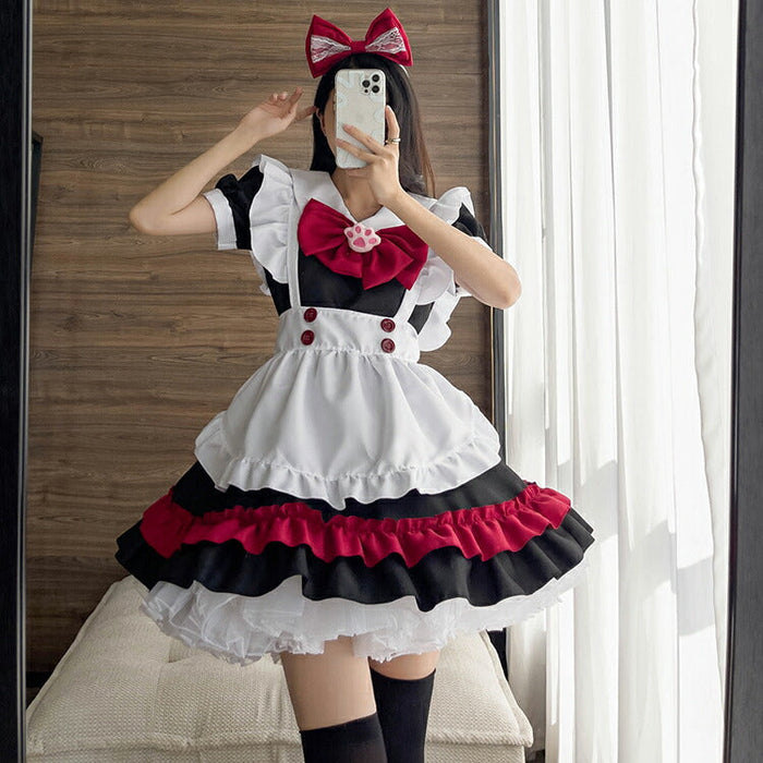 【5点セット】メイド服 赤 メイド 服 送料無料 コスプレ ハロウイーン ネコ クラシック メイドカフェ 制服 ユニフォーム 萌え系 撮影会 本格的 可愛い コスチューム 衣装 仮装 かわいい お茶会アイドル おしゃれ セット ウェイトレス クラシカル アニメ ゴスロリ ロリータ S-5XL
