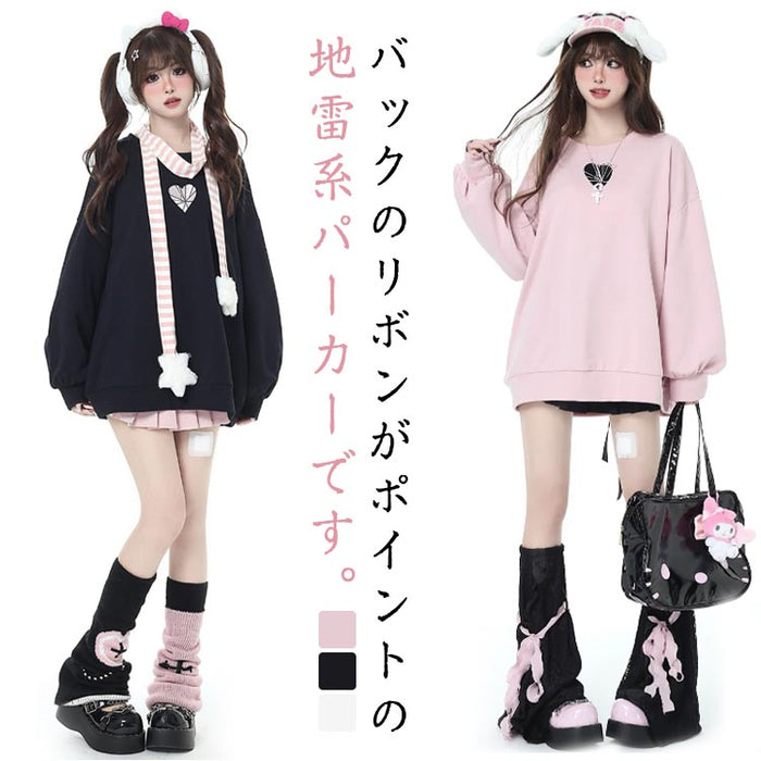 【7日内出荷】ファッション パーカー オーバーサイズ 地雷系 かわいい 白 ゴシック 黒 ハート ピンク ロリータ バックリボン プルオーバーパーカー ビッグシルエット 原宿系 大きいサイズ ダンス 衣装 原宿 パンク 病みかわいい 長袖 ゴスロリ グロかわ レディース