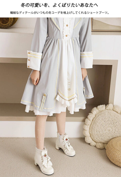 【5cmヒール】ロリータ ブーツ 厚底ブーツ レディース キッズ 子供 靴 ショート丈 編み上げブーツ お姫様 お嬢様 ロリィタ いちご リボン レース  太ヒール 歩きやすい 痛くない サイドジップ かわいい 七五三 コスプレ お茶会 発表会 黒 白 秋冬