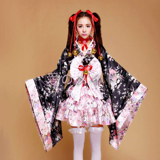 【6点セット】和風メイド服 ミニ丈 メイド喫茶 メイドコスチューム ジャパニーズメイド lolita ミニスカ ハロウィン 衣装 仮装 パーティ コスプレ フルセット 可愛い 萌え