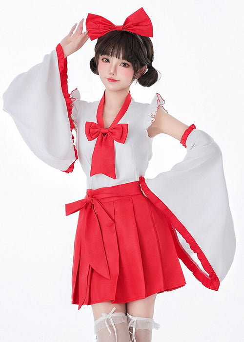 【7日内出荷】【5点セット】赤スカート 巫女 リボン コスプレ 衣装 巫女コスプレ 和服 着物 花魁 メイド服 ハロウィン衣装 ハロウィンコスプレ ハロウィン仮装 仮装 衣装 セクシー レディース 大人 女性用 こすぷれ コス 振袖 白 赤 可愛い