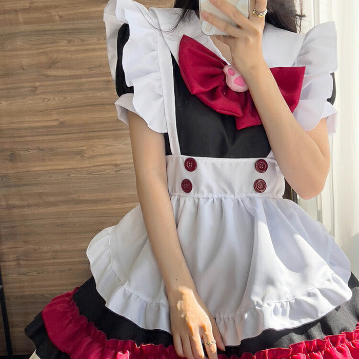 【5点セット】メイド服 赤 メイド 服 送料無料 コスプレ ハロウイーン ネコ クラシック メイドカフェ 制服 ユニフォーム 萌え系 撮影会 本格的 可愛い コスチューム 衣装 仮装 かわいい お茶会アイドル おしゃれ セット ウェイトレス クラシカル アニメ ゴスロリ ロリータ S-5XL