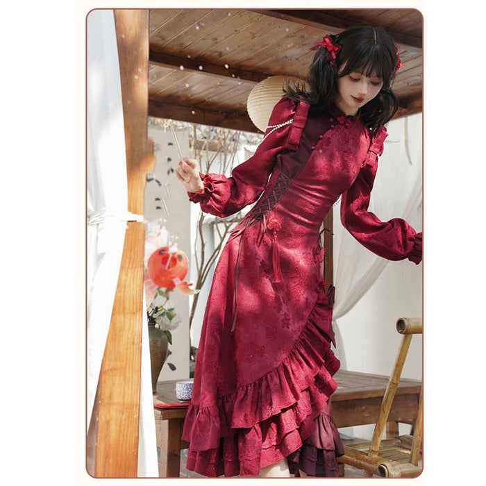 チャイナドレス 中華風 ロリータワンピース お嬢様 コスプレ衣装 長袖 赤 ジャガード パフ袖 パールチェーン タッセル フリル リボン 姫ドレス ハロウィン 仮装 森ガール ゆめかわいい パーティー お祭り