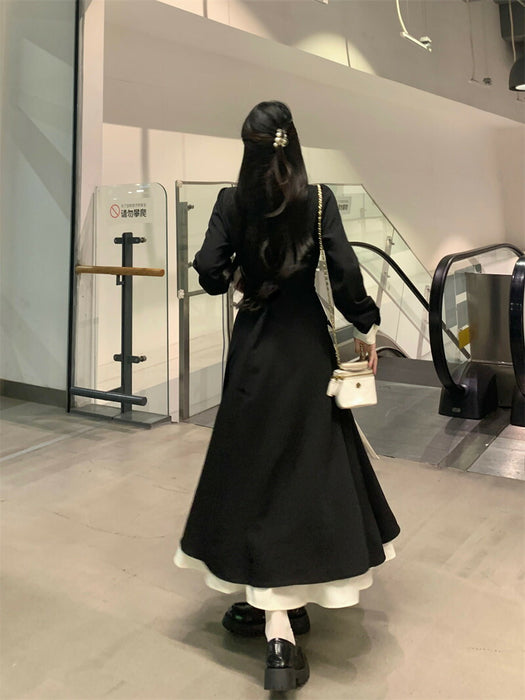 【7日内出荷】ワンピース ロングワンピース 刺ワンピース Aライン ワンピ ロングワンピ ロング マキシワンピース vネック 無地 きれいめ マキシ レイヤード風 長袖 大きいサイズ 重ね着風 秋 冬