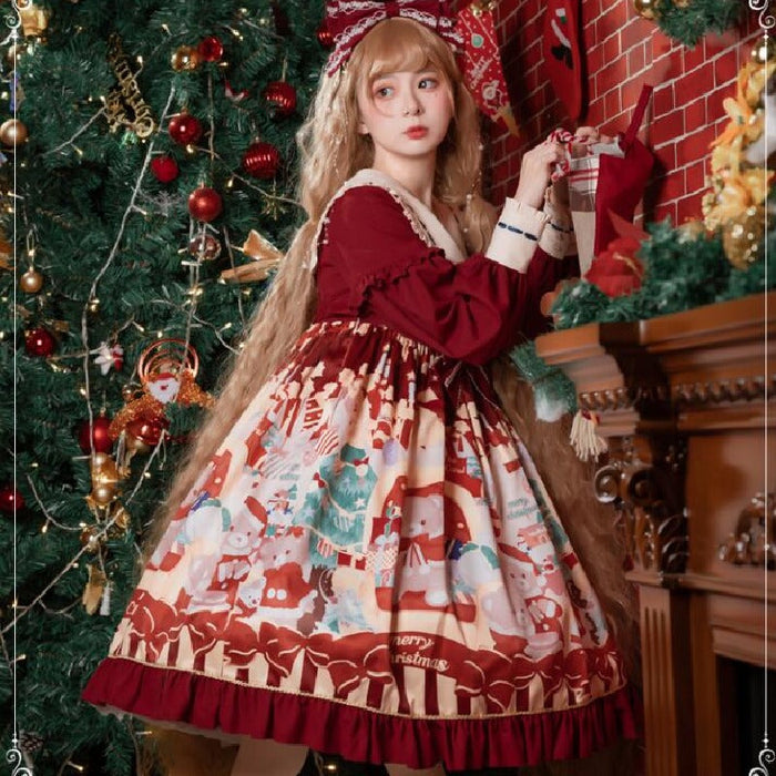 ロリータ ワンピース ゴスロリ ロリータ ドレス 長袖 レディース 女子 可愛い ロリィタ ワンピース クリスマス コスプレ衣装 コスチューム 仮装 リボン lolita 衣装 ゴシック&ロリータ お姫様 ドレス マリン風 ミモレ丈 裾フリル ワインレッド S M L XL