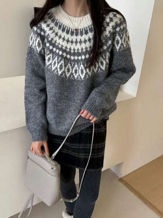 【7日内出荷】ニット セーター レディース ノルディック フェアアイル 求心柄 秋冬 トップス ジャガード プルオーバー 長袖 クルーネック 幾何学柄 レトロ きれいめ カジュアル 大人可愛い ゆったり 体型カバー 防寒 厚手 クリスマス デート服 通勤 通学