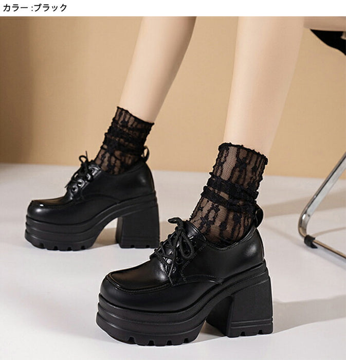 【7日内出荷】【10cmヒール】厚底オックスフォード シューズ レディース レースアップ  ハイヒール 超厚底 チャンキーヒール ボリュームソール プラットフォーム レースアップ 革靴 歩きやすい 疲れにくい 脚長 韓国 地雷系 学生 通勤 黒 茶色 オールシーズン